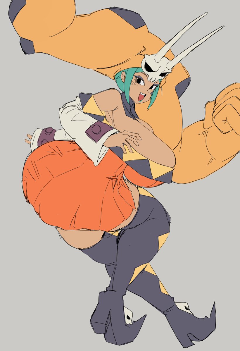 a digital art illustration of an anime female character in a futuristic, fantasy world.  she is a strong and powerful character, with an orange, yellow, and green suit,  and a scary skull mask with horns. she has an intense and fierce expression, with one arm larger than the other. she is posed in a dynamic action pose with her legs outstretched, and one arm in the air,  giving her a commanding and  dangerous vibe.