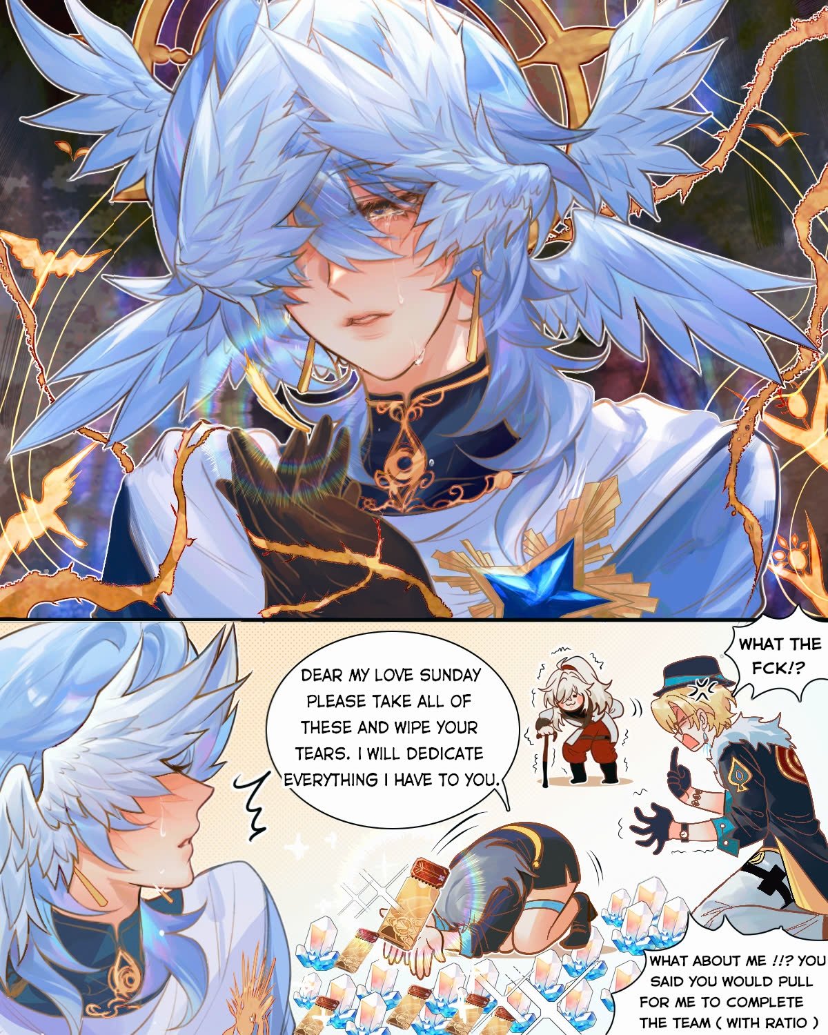the image is a vibrant digital fanart, likely from an anime or manga source. it features a central male character with long, flowing light blue hair and feathery wings, appearing distressed and tearful. he's making a heartfelt confession of love, addressed to someone named "sunday." the text in speech bubbles reveals his declaration of dedication and his willingness to sacrifice everything. other characters are reacting with shock and surprise in the lower panel, highlighting a comedic element. the overall style is bright and colorful, creating a strong visual contrast between the main character's emotion and the reactions of others.  the scene appears to be a romantic confession with an unexpected comedic twist, potentially relating to a teambased aspect hinted at in the smaller character's dialogue.