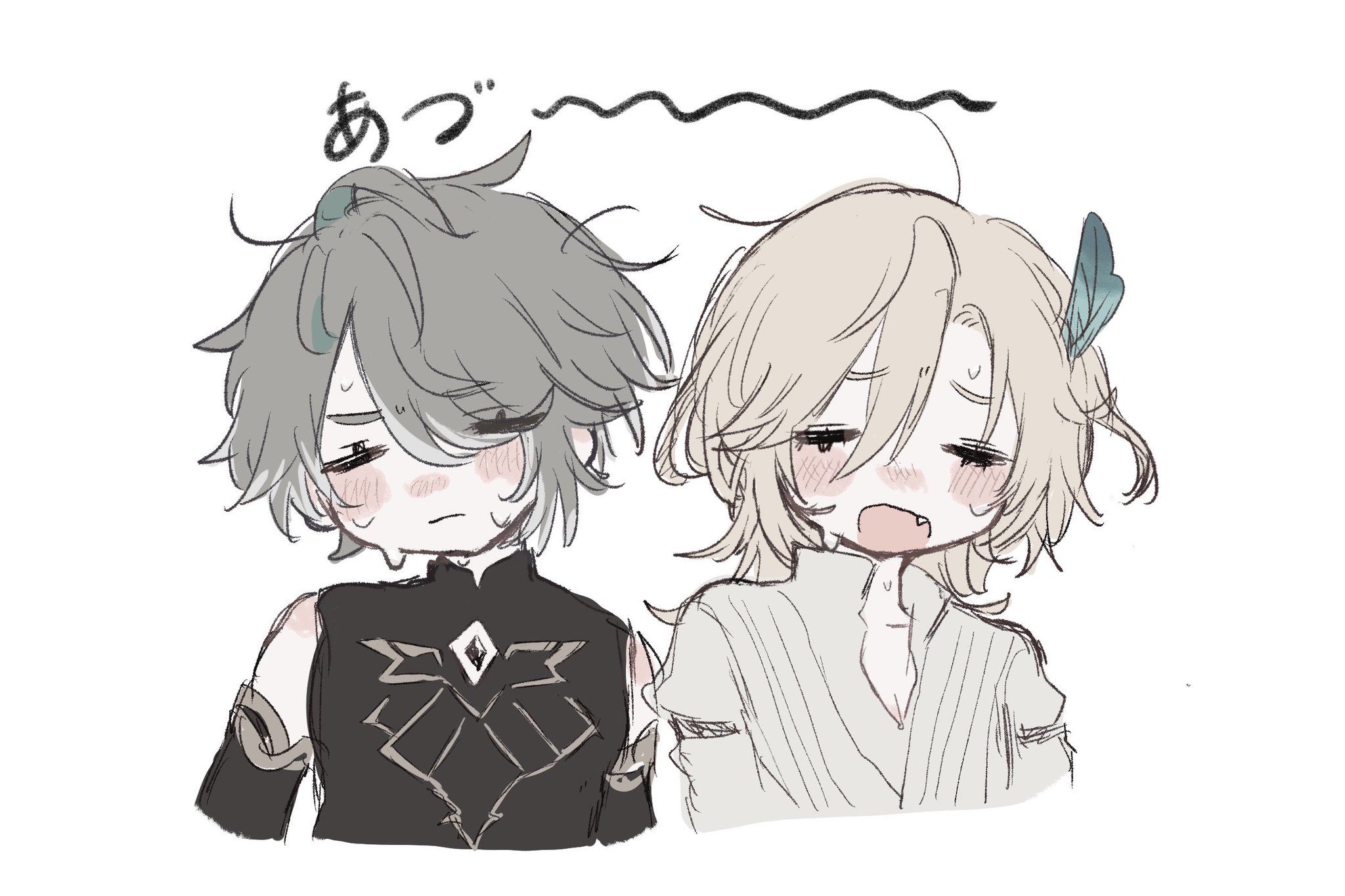 the image is a digital drawing of two animestyle chibi boys. they are drawn in a simplistic style, with soft lines and muted colors. both boys have pale skin and are depicted with slightly downturned mouths and tired eyes, suggesting sadness or exhaustion. one boy has gray hair and is wearing a darkcolored outfit, while the other has light blonde hair and a lighter colored outfit. there's a speech bubble above their heads with japanese characters that likely convey their emotional state.  the overall impression is one of gentle sadness or worry.