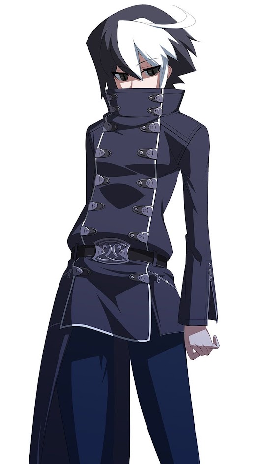 a male anime character with black and white hair and black eyes is standing against a white background. he is wearing a dark coat with a high collar and a belt with a buckle. he has a serious expression on his face.