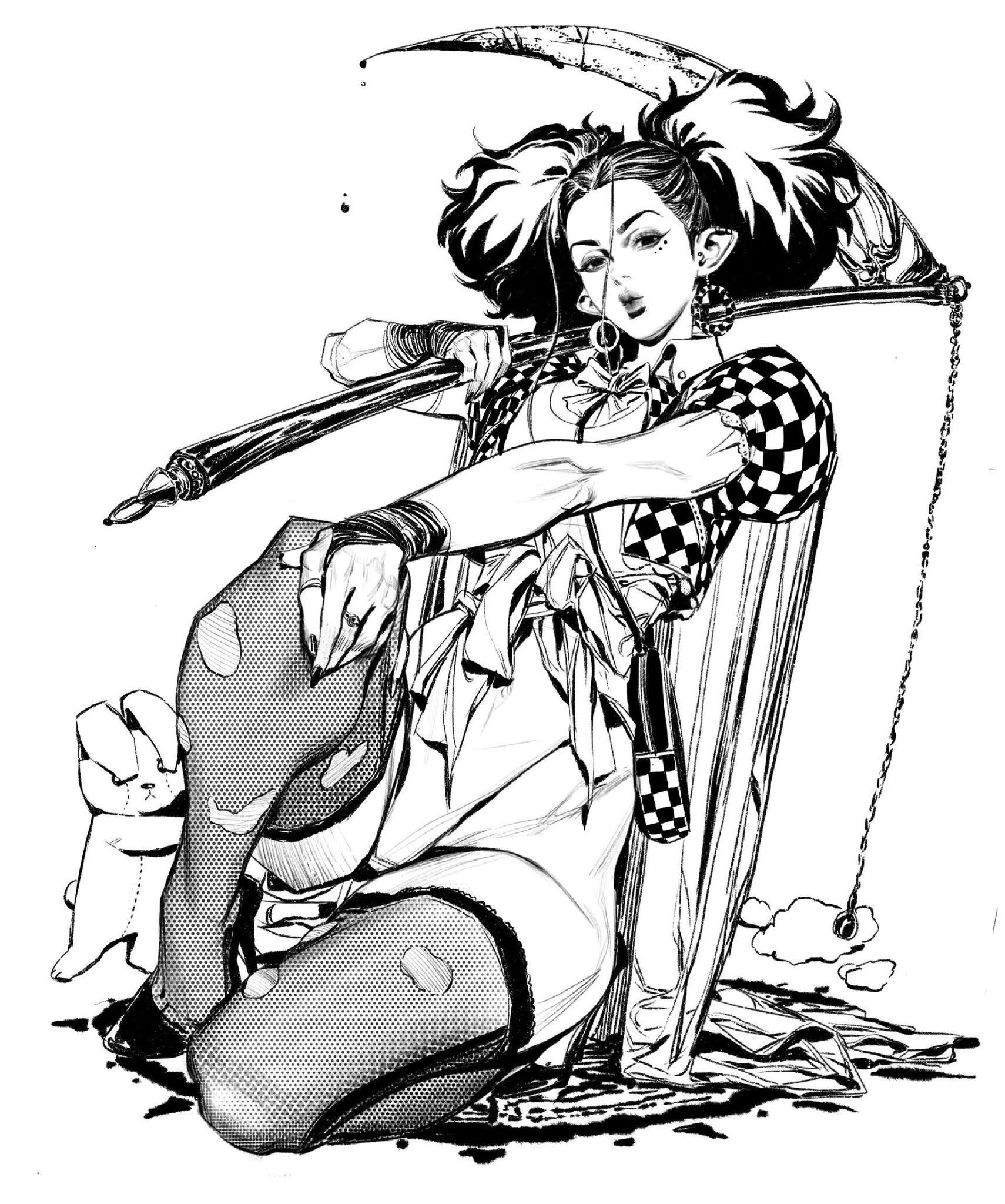 a black and white ink illustration depicts a woman kneeling. she wears a checkered jacket, stockings with patches, and jewelry, including earrings and a ring. she is holding an umbrella. a teddy bear is beside her. the style is gothic fantasy.