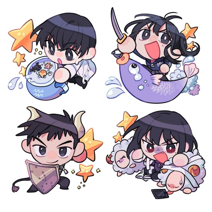 he image contains four chibistyle illustrations, each representing a different zodiac sign.  the top left shows an aquarius character holding a bowl of fish, the top right depicts a pisces character riding a fish, wielding a sword. the bottom left shows a taurus character holding a shield, and the bottom right is an aries character interacting with sheep.  all are rendered in a bright, colorful, and cartoonish style.  they appear to be stickers or icons.