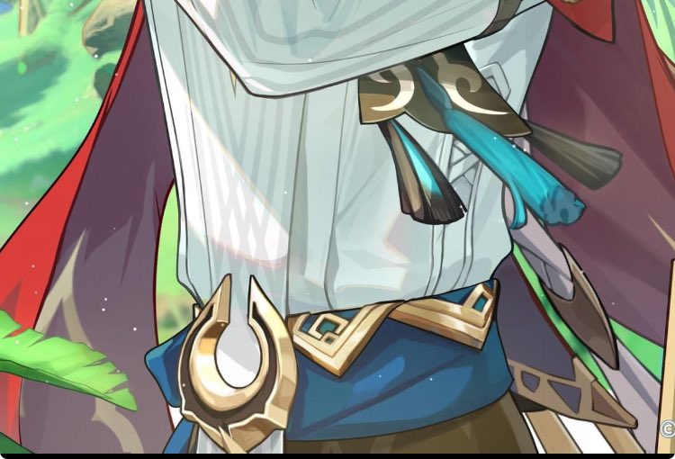 this is a closeup view of an anime male character wearing a white shirt with blue and gold detailing. the character is wearing a red cape and appears to be standing with his arm around his waist. the image is a fantasy art style illustration.