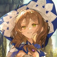 the illustration features a young woman with long brown hair and piercing green eyes. she wears a widebrimmed blue and white hat adorned with intricate patterns, reminiscent of a sorceress or a fantasy character. her attire consists of a blue and white garment with gold accents, further emphasizing the fantastical theme. a single blue rose adorns her chest. the art style suggests anime or manga influences, with its characteristic large eyes, flowing hair, and delicate features. the woman's soft smile and gentle expression create a sense of warmth and approachability.