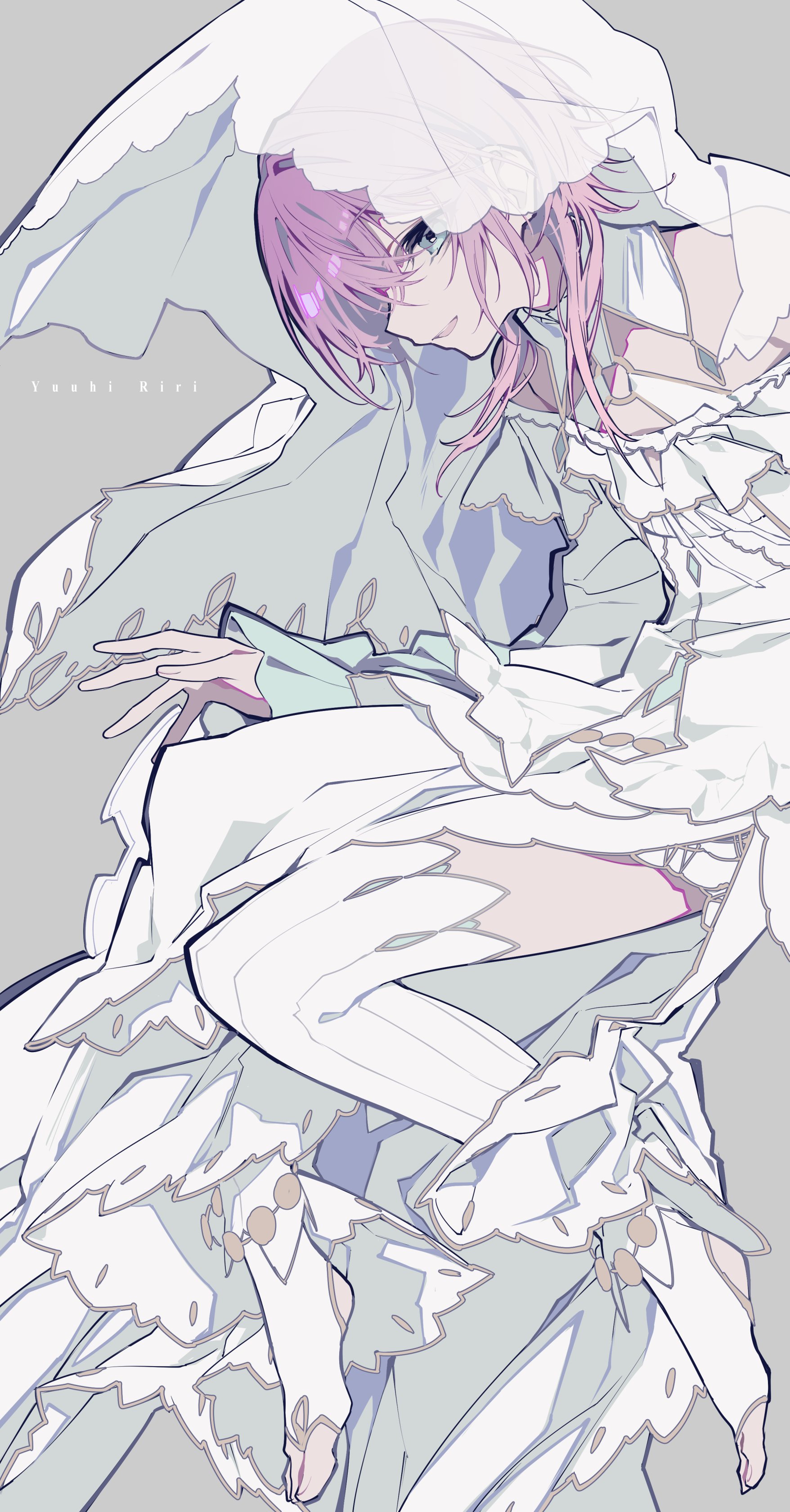 an anime girl with pink hair, wearing a white wedding dress with lace and ribbons. the girl is in a side view with white gloves, stockings, and a veil. there is a light grey background. the signature "yoshi hiru" is written in the image.