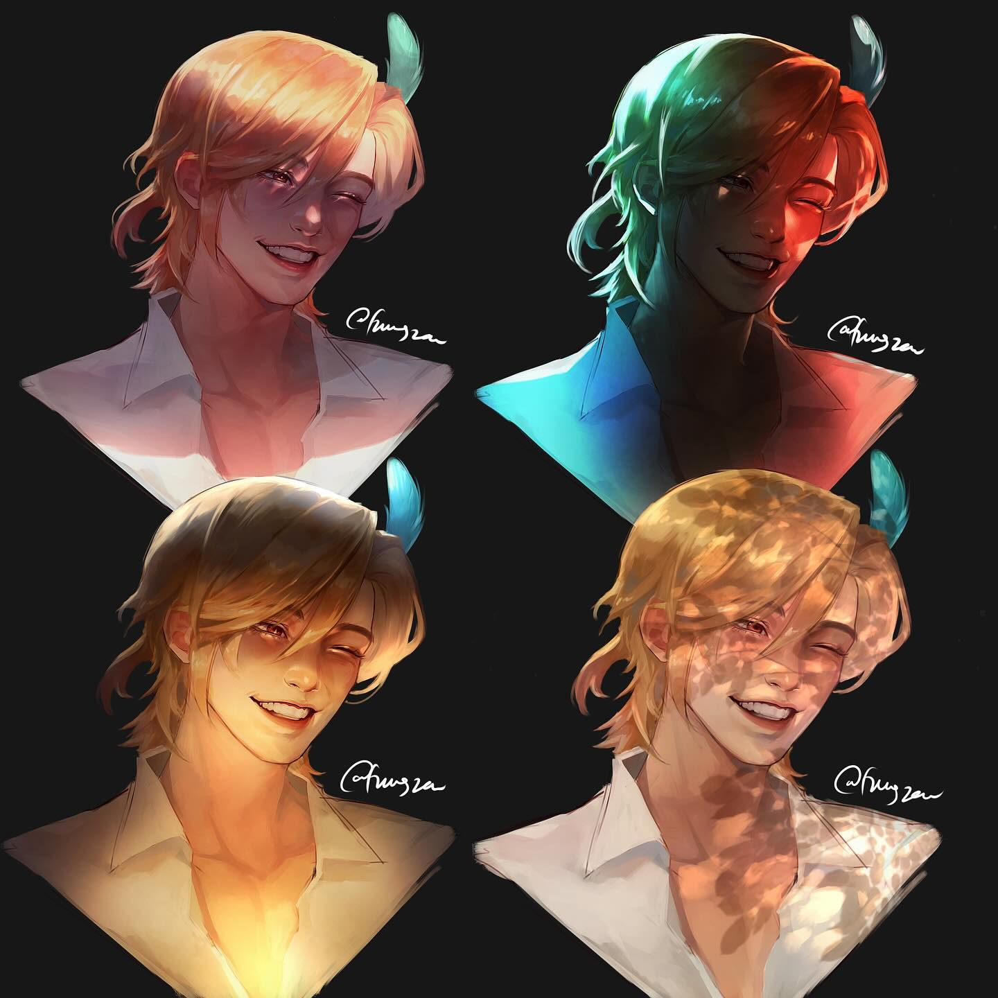 the image showcases four variations of a digital painting depicting a young, blondhaired male character. each variation features the same character pose and expression but with significantly different lighting and color schemes. the character has a feather tucked behind his ear.  the top left version features warm, yellowish light; the top right has cool, teal and red tones; the bottom left emphasizes warm, golden light and shadow; and the bottom right highlights dappled sunlight. the style is reminiscent of anime or manga, featuring soft rendering and expressive eyes. the overall effect is a demonstration of how lighting significantly impacts mood and atmosphere in artwork. the artist's signature is subtly present in each version.