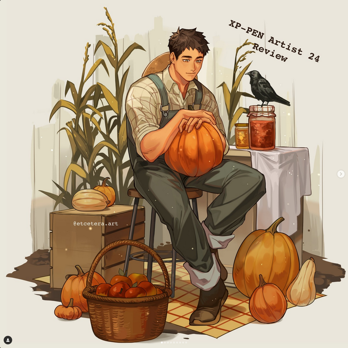 the illustration features a muscular man with short brown hair and a friendly expression, dressed in a farmer's attire with a plaid shirt and overalls.  he's sitting on a stool in front of a rustic wooden wall with corn stalks behind him. he holds a large orange pumpkin in his lap, surrounded by other pumpkins on the ground and a basket filled with apples at his feet.  a jar of jam sits on a small table to his right, accompanied by a perched black crow. the warm, autumnal palette and soft lighting create a cozy and inviting atmosphere.