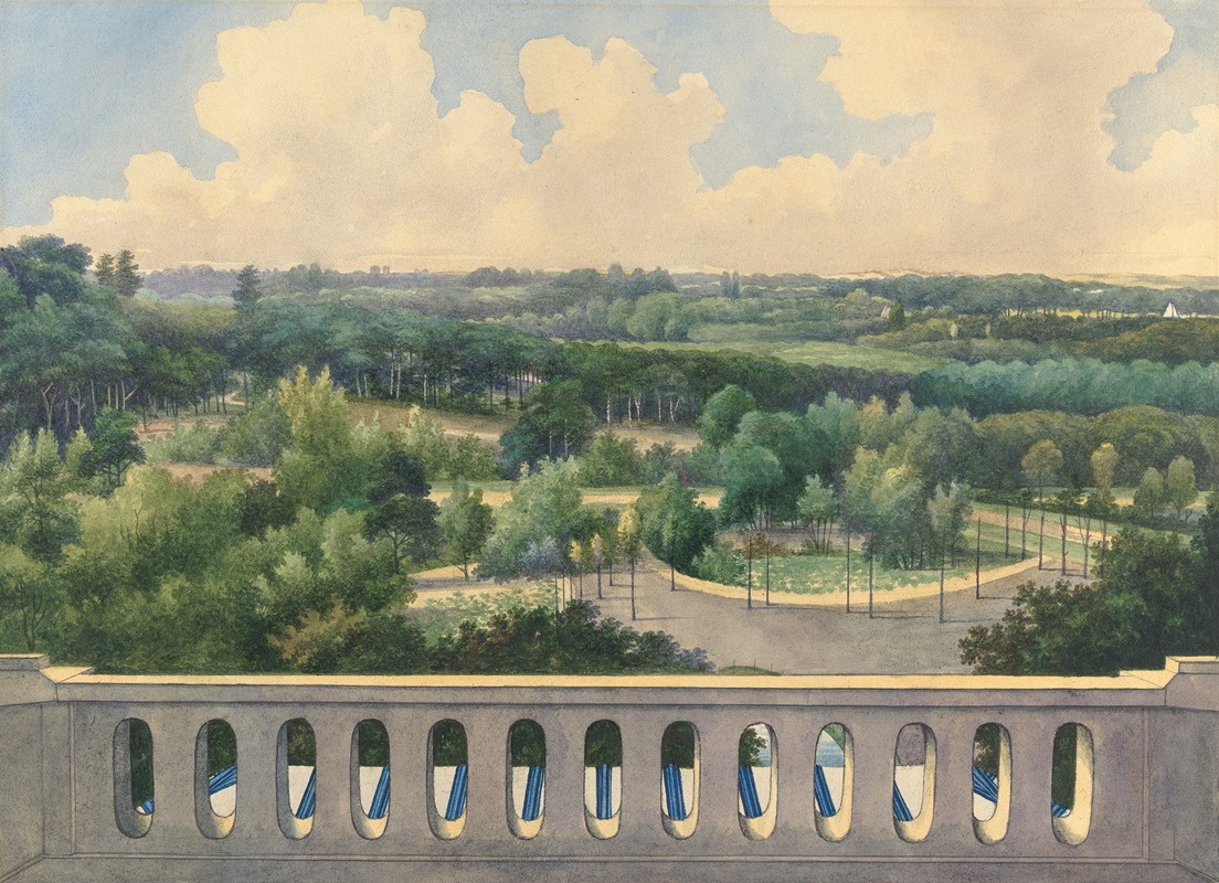 a painting depicts a scenic landscape viewed from a balcony. the foreground features a concrete railing with vertical openings, through which glimpses of blueandwhite striped objects can be seen. beyond the railing, a lush green park with trees and foliage stretches into the distance. a winding path or road cuts through the park. in the background, a distant horizon meets a cloudy sky. the overall impression is one of tranquility and natural beauty.