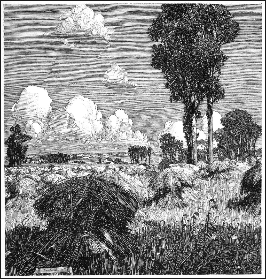 the image is a black and white illustration, possibly a woodcut or engraving, depicting a rural landscape. the foreground is dominated by numerous haystacks or sheaves of wheat, neatly arranged in a field.  the middle ground shows a line of trees stretching across the horizon, and a glimpse of a distant landscape beyond. in the background, a mostly clear sky is filled with fluffy cumulus clouds.  tall, slender trees are prominent on the right side of the composition. the overall style is detailed and realistic, with careful rendering of texture and light. the scene evokes a sense of tranquility and peacefulness, typical of pastoral art.