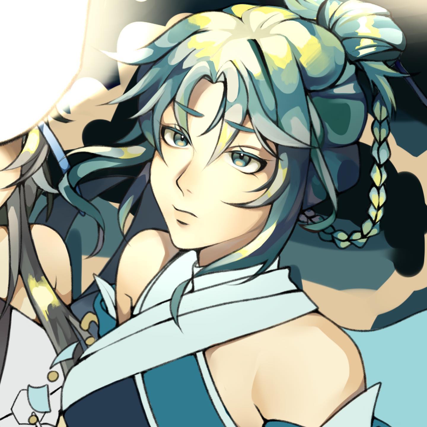 the image is a digital painting or illustration of a young animestyle woman.  she has long teal hair styled in a bun with a braid detail, and is wearing a light blue and teal outfit that seems to be inspired by traditional east asian clothing. the art style is soft and slightly painterly, with a focus on light and shadow. the girl's expression is calm and serene, and she is looking directly at the viewer. the background is relatively simple, mostly featuring light and shadows which highlight the figure of the girl.  a small portion of another person's hair is visible in the background to the left.