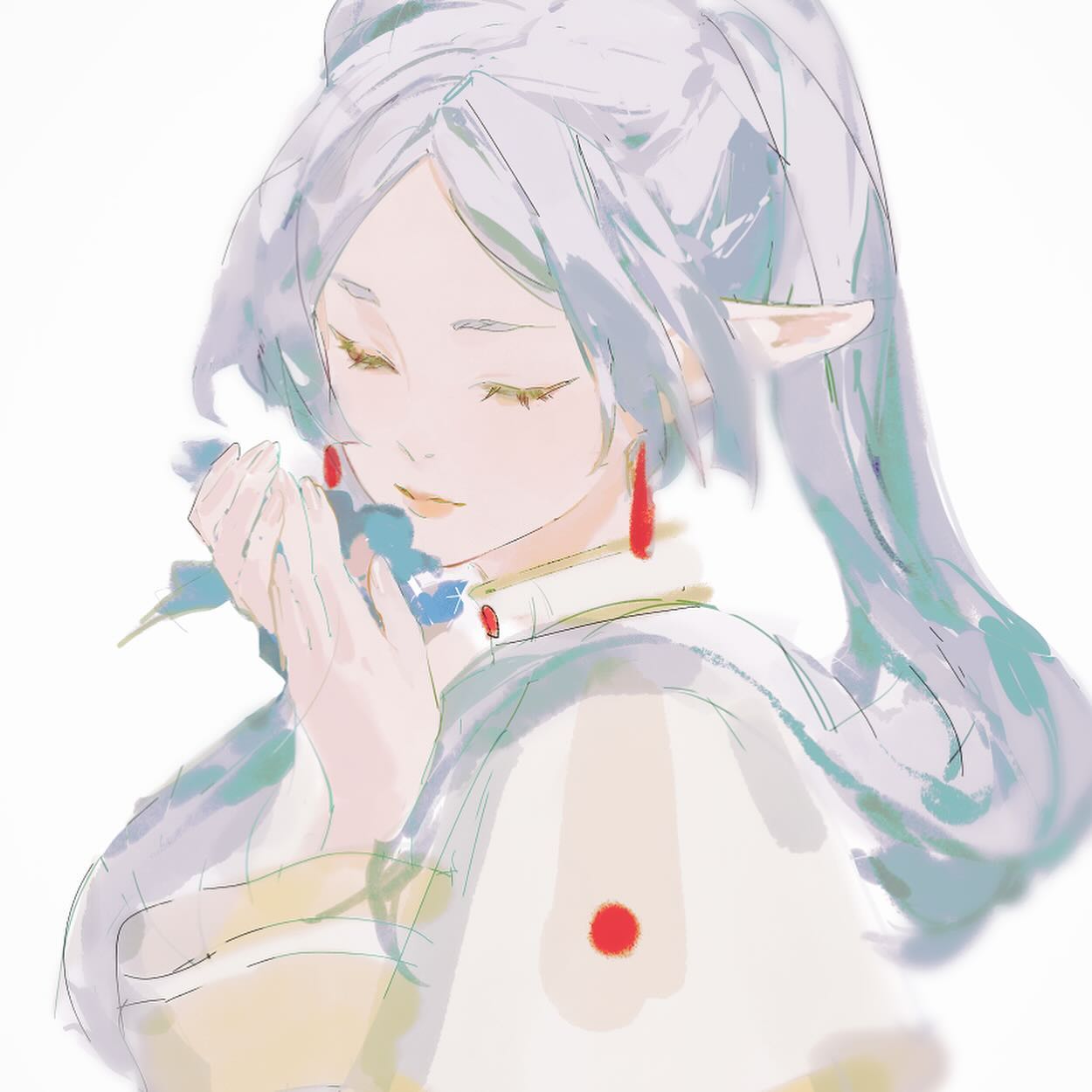he image is a digital painting or illustration of an animestyle female character. she appears to be an elf, with pointed ears and long, flowing white hair tied in a ponytail.  her eyes are closed, and she has a serene expression. she is holding a small blue flower to her chest. she is wearing a lightcolored, flowing robe or dress. the overall style is soft, ethereal, and uses pastel colors, reminiscent of watercolor painting. the artwork is highly stylized and focuses on the character's delicate features and peaceful demeanor.  the background is simple and plain white, drawing all attention to the character.