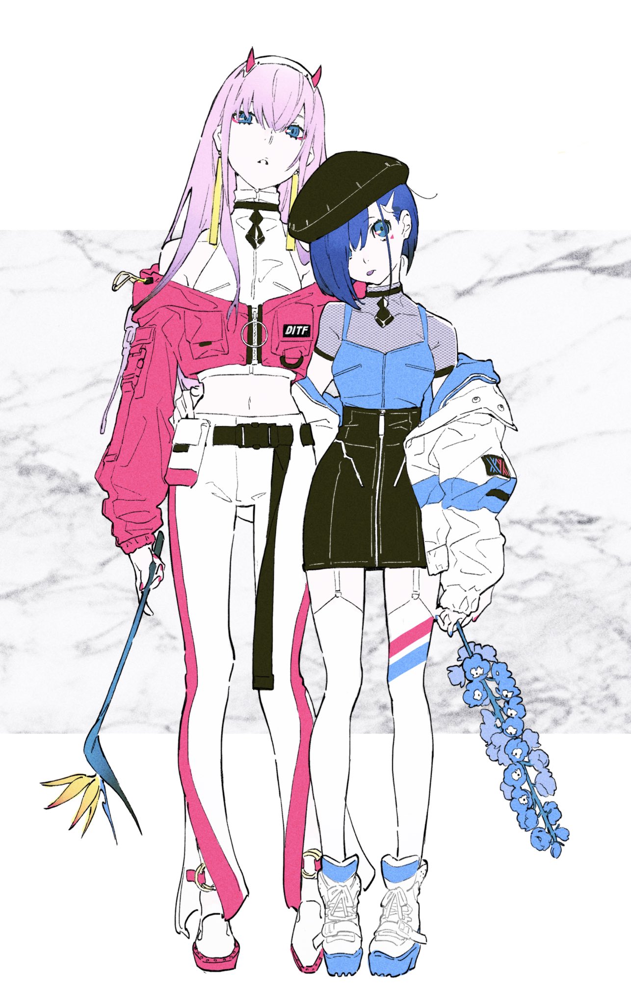 two anime girls in stylish streetwear outfits pose against a marbled background. the girl on the left has long pink hair and a pink and white outfit, carrying a weapon adorned with feathers. the girl on the right has short blue hair and a blue, black, and white outfit, holding a bouquet of blue flowers.  the style is a sketchy, colorful illustration.