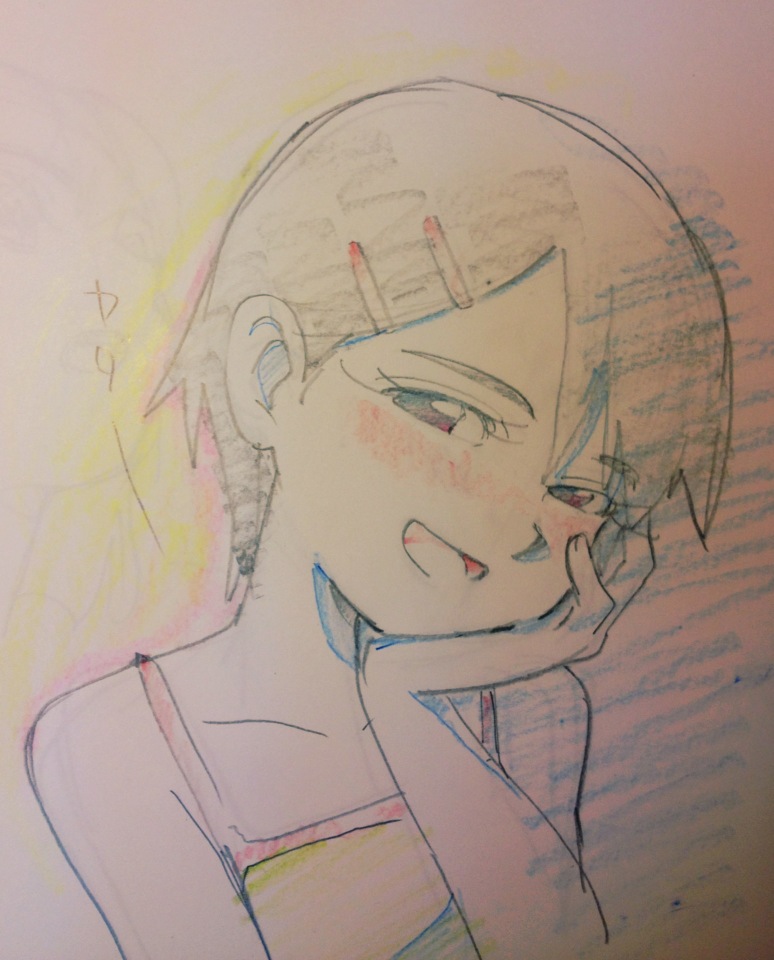 this is a sketch of a young woman with short, dark hair, drawn in a manga or anime style. she has a playful expression, with a slight blush on her cheeks and a hand resting near her mouth. she's wearing a tank top with a colorful design. the overall style is light and airy, with a focus on soft lines and delicate shading.