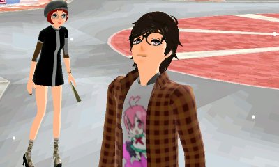 two 3d animestyle characters, a girl and a boy, are depicted within a virtual environment. the girl, on the left, wears a black dress and hat, while the boy sports a brown plaid shirt over a graphic tee. they appear to be engaging in a casual interaction within this digital space.