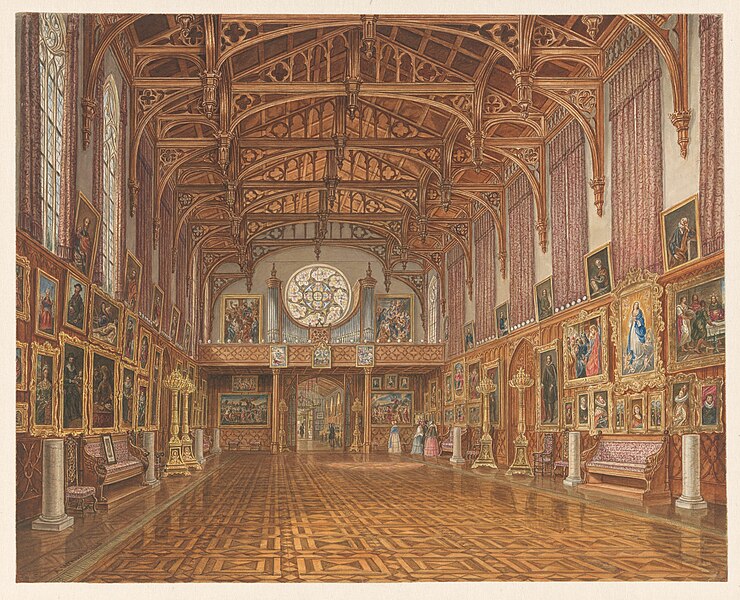 the image is a watercolor painting depicting a grand hall or gallery. the room is characterized by its high vaulted ceiling with intricate wooden beams. the walls are adorned with numerous framed paintings, portraits, and other artworks. a large archway is visible at the end of the hall, leading to another room or space. the floor is made of parquet wood with a detailed pattern. the room has a formal and historical appearance, possibly representing a palace or museum.