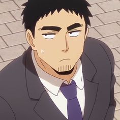 a closeup illustration of a man with short dark hair and a goatee. he appears to be a businessman, wearing a gray suit with a white shirt and purple tie. the man has a serious expression on his face, and a bead of sweat can be seen near his temple.  the background is a simple pattern of gray bricks. the lighting is soft, creating a sense of depth and realism in the illustration.