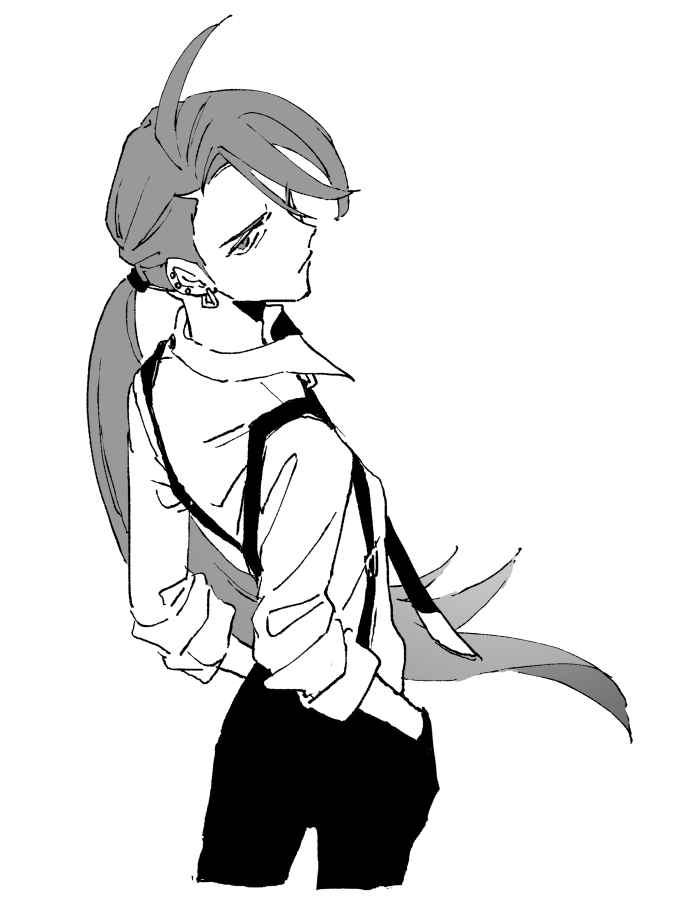 a black and white sketch of a man with long hair in a ponytail and suspenders. he is standing with his hands in his pockets, looking to the left.