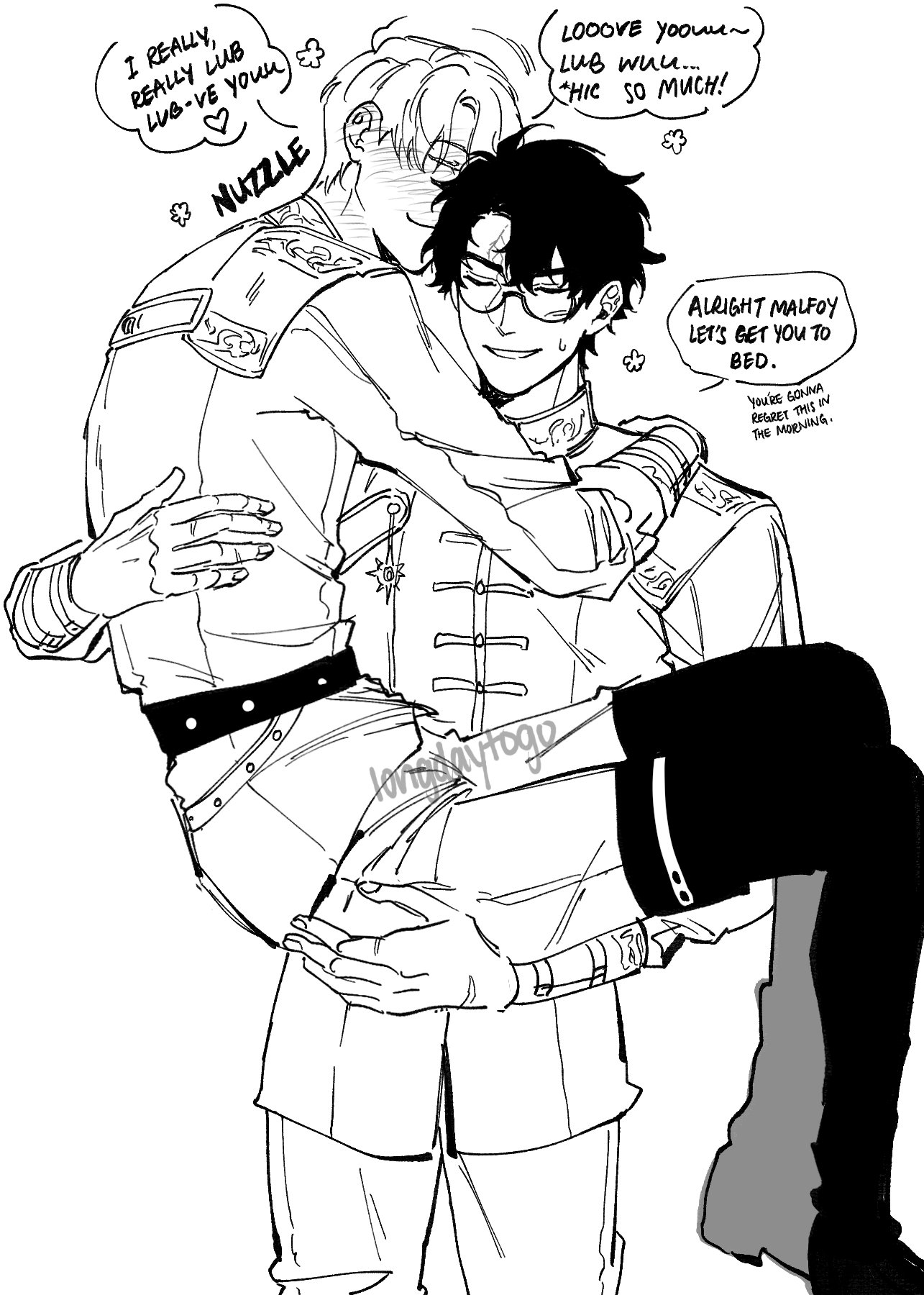 black and white drawing of two young men in what appears to be fanart of a yaoi (boys' love) pairing. one man is holding the other close, carrying him almost like a piggyback ride.  they are dressed in somewhat formal attire. speech bubbles contain affectionate and suggestive text, implying a romantic relationship. the style is reminiscent of manga or anime. there are also hints indicating the characters might be inspired by harry potter, specifically malfoy.
