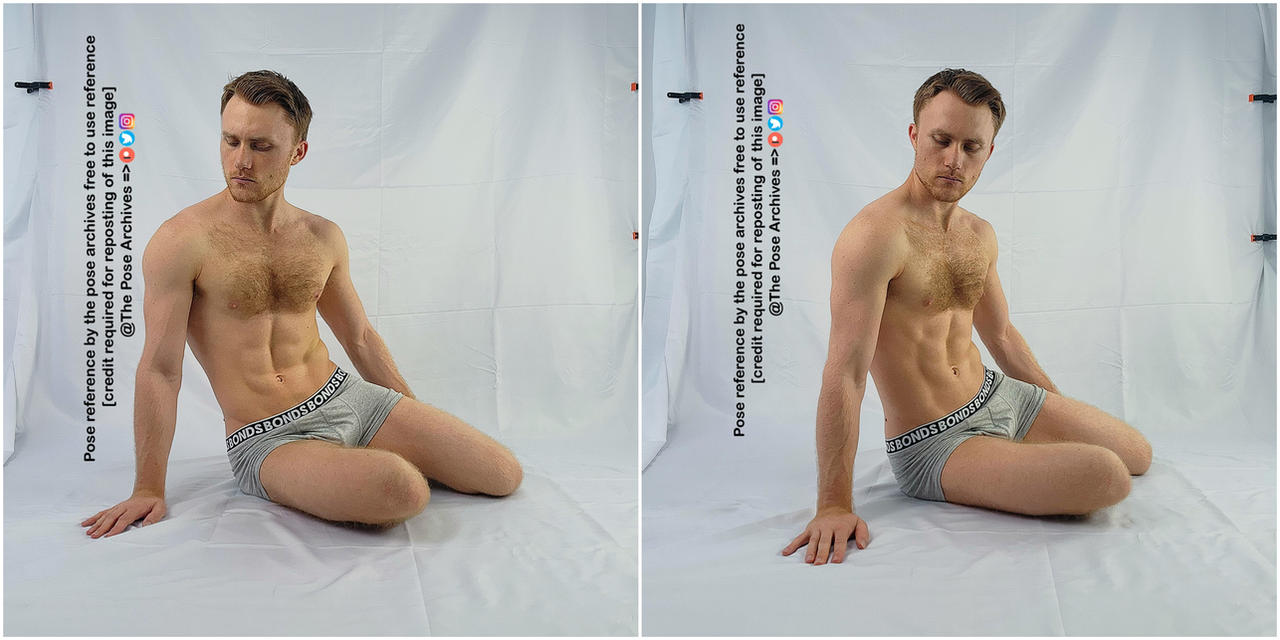 a photographic diptych featuring a young, fit man in gray underwear posing against a white backdrop. he is kneeling, with his upper body upright and his gaze directed slightly downward. the two images offer slightly varied poses, providing artists with different angles and hand placements for reference. the images have a clean, studio aesthetic with even artificial lighting.