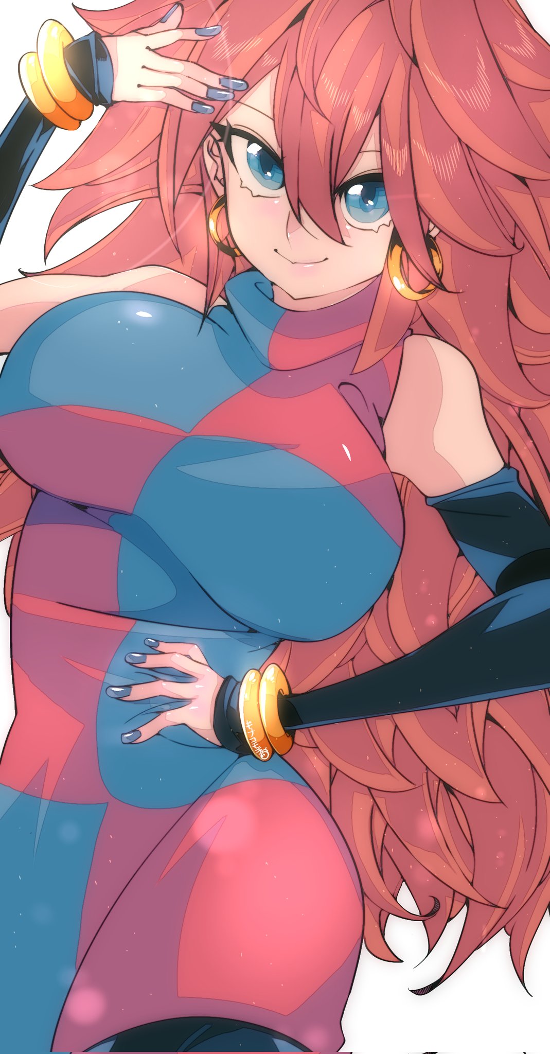 this is a digital illustration of a young female anime character with long pink hair, blue eyes, and a big smile. she is wearing a pink
