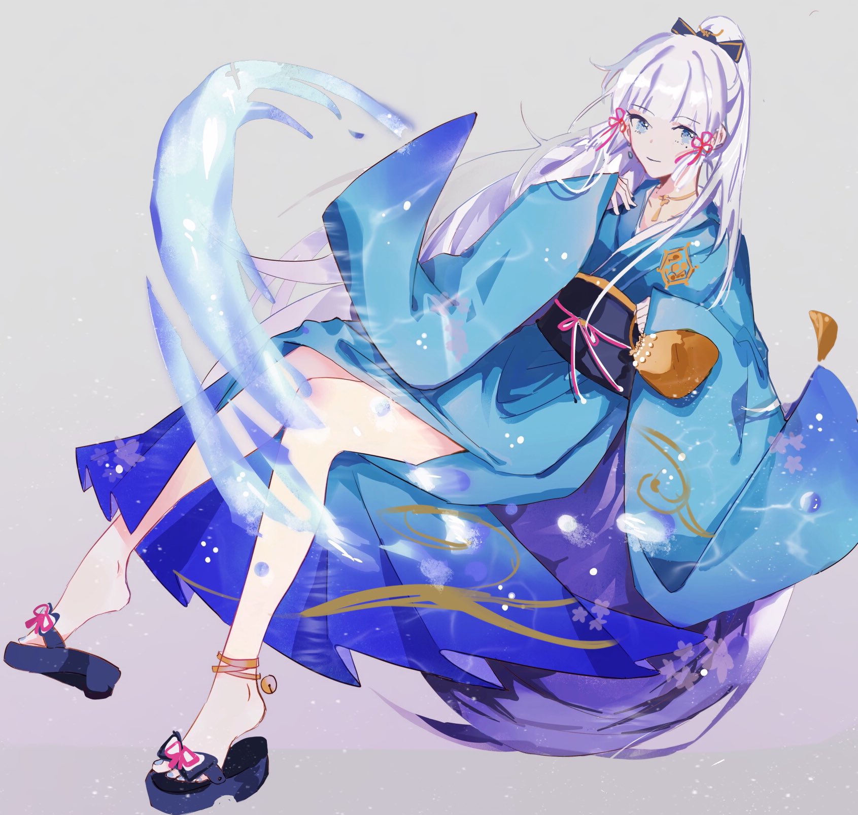 a beautiful anime girl with white hair and a blue kimono sits with her legs crossed in a magical pose. her long hair is flowing in the wind, and she is surrounded by flower petals and magical water. she is wearing traditional sandals, and her kimono is adorned with flowers.