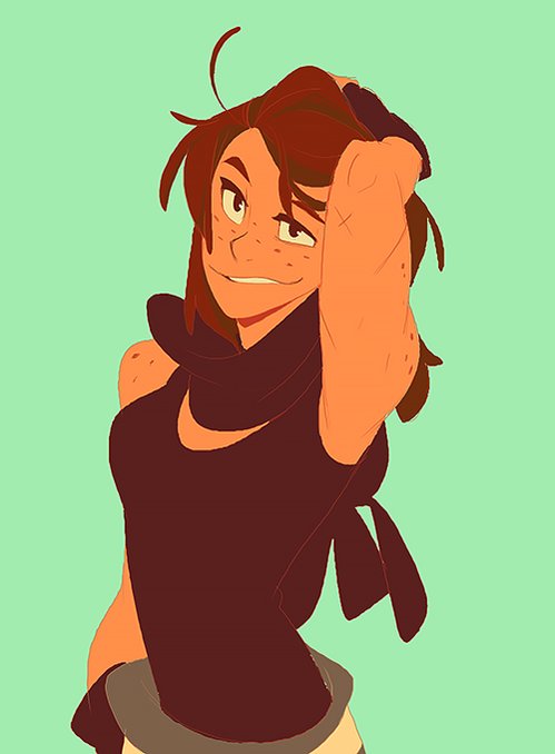 this digital illustration is a portrait of a young woman with brown hair, freckles, and a confident smirk. she is dressed in a stylish black shirt with a scarf and appears to be posing for a portrait. the background is a light green color, and the overall style is cartoonlike and reminiscent of anime or manga art.