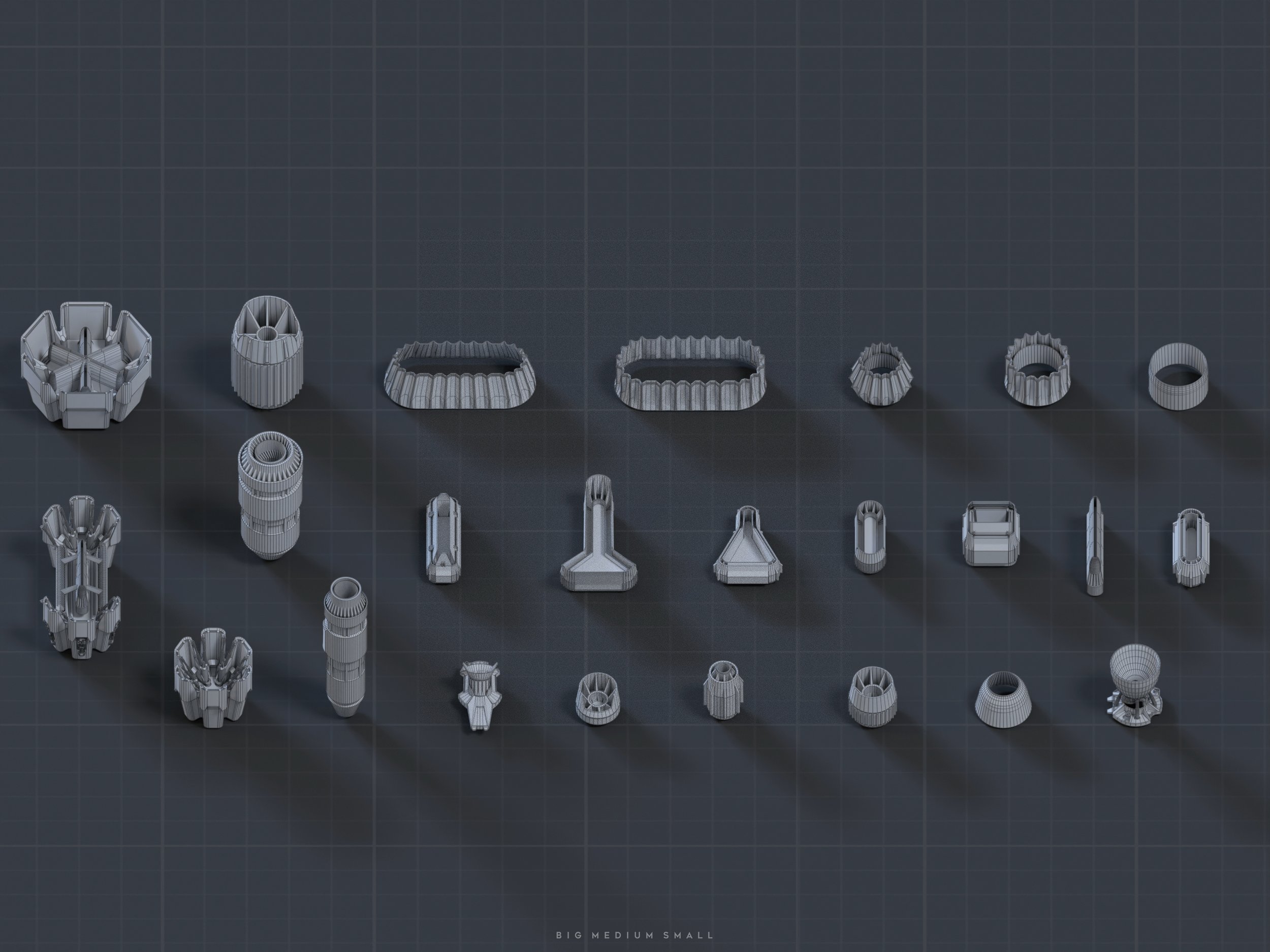 the image presents a comprehensive collection of 3drendered spaceship parts, displayed in a wireframe style against a dark gray grid background.  the parts range in size and shape, including engine components, structural elements, and possibly smaller detailing pieces.  the models are organized in rows, with sizes labeled at the bottom as "big medium small," implying a scale variance within the component set. the overall aesthetic is highly technical and suggestive of a model kit or components for a science fiction design. the grayscale palette and wireframe render enhances the technological feel.