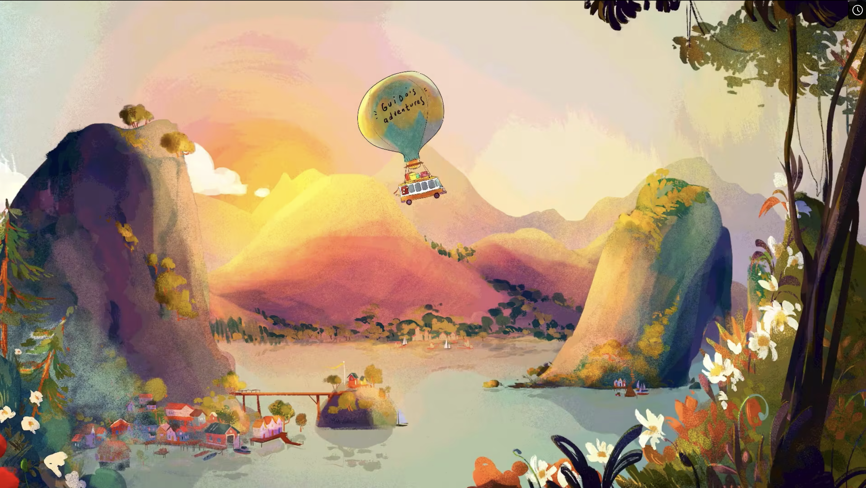 a whimsical illustration depicts a hot air balloon floating above a serene landscape. the balloon is brightly colored and features the words "guido's adventures," suggesting a funfilled journey. below, a picturesque mountain range with lush forests and a sparkling lake creates a captivating backdrop. the scene is bathed in warm, golden light, hinting at a breathtaking sunset. vibrant flowers and lush vegetation add a touch of magic and whimsy to the composition, inviting viewers to embark on their own adventures. the image is a delightful blend of realism and fantasy, capturing the essence of exploration and the beauty of nature.