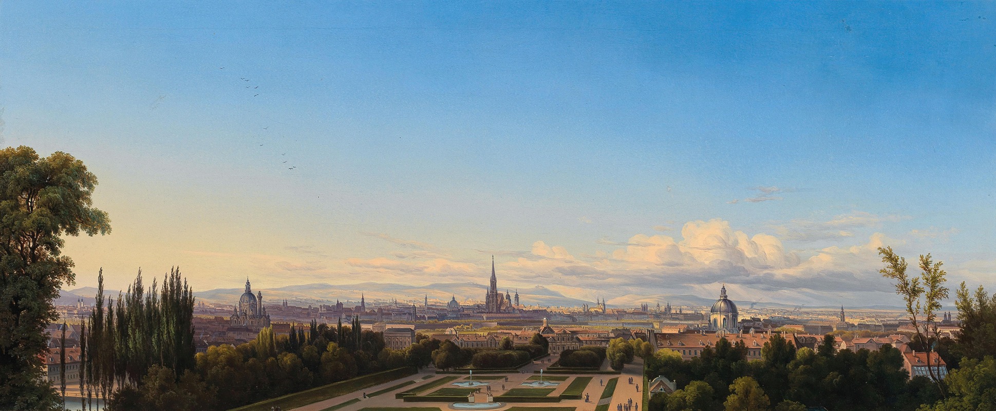 a wide, panoramic painting depicts a cityscape with a formal garden in the foreground. various buildings with domes and steeples dot the city, with distant mountains visible on the horizon. the sky is blue with scattered clouds. trees frame the sides of the painting, and fountains are visible within the geometric garden layout. birds are flying in the sky. the cityscape is vienna, austria.
