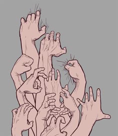 this is a line art drawing of a bunch of hands, arms, and fingers reaching and grasping at each other. they're all intertwined, and it's hard to tell where one hand ends and another begins. the drawing is done in a simple style, but it's still very effective in conveying the sense of chaos and confusion. the hands are all different sizes and shapes, and they're all positioned in a way that suggests that they're struggling to break free from each other's grasp.