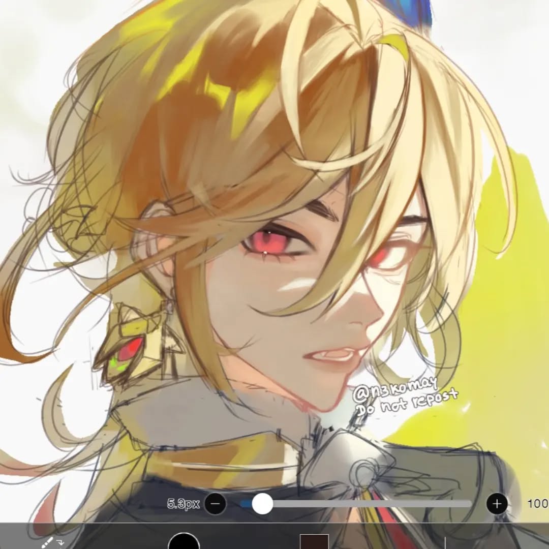 the image is a digital painting or work in progress of an animestyle male character. he has long, flowing blond hair and striking red eyes. he's depicted from the chest up, wearing what appears to be elaborate, ornate clothing with gold accents. the background is a bright yellow, contrasting with the character's softer coloring and highlights. the art style leans towards a softer, painterly look with visible brush strokes rather than sharp lines. a watermark is visible with the artist's tag "@n3komay" and a request not to repost. the image also displays a digital art tool's interface at the bottom.
