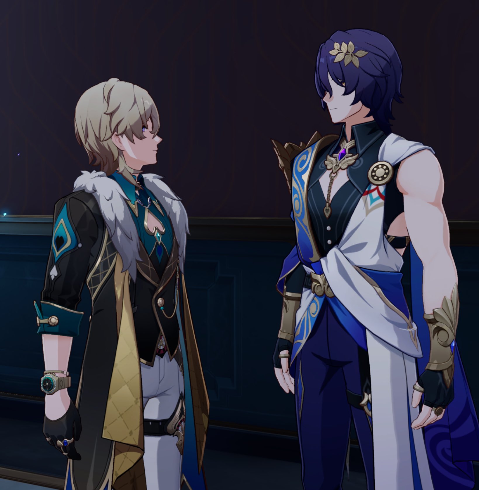 two male anime characters, albedo and itto, from the video game "genshin impact" are standing side by side. albedo has white hair and is wearing a black, gold, and blue coat. itto has purple hair and is wearing a white, blue, and gold outfit.  both characters have distinct facial expressions, albedo appears to be smiling while itto has a serious expression.