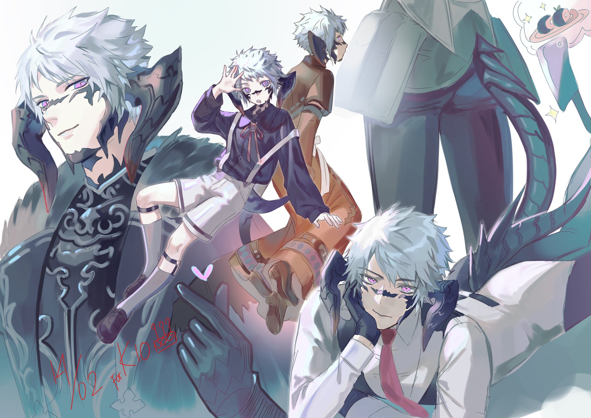 this is an illustration of three anime boys. one is in the foreground,  sitting with his hand on his chin. he has white hair, purple eyes, and is wearing a white collared shirt with a red tie.  another boy is in the background on the left side of the image, wearing a black outfit with a black dragon tail. he has white hair and purple eyes. the third boy is in the background on the right side of the image. he has white hair, purple eyes and is wearing a white and black outfit.