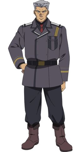 the image shows a tall, muscular man with shortcropped gray hair. he is dressed in a military uniform consisting of a dark gray doublebreasted jacket with gold buttons, a black belt with a gold buckle, and matching dark gray pants tucked into calfhigh brown boots. his serious expression and the structured lines of his uniform give him an authoritative and somewhat imposing presence.