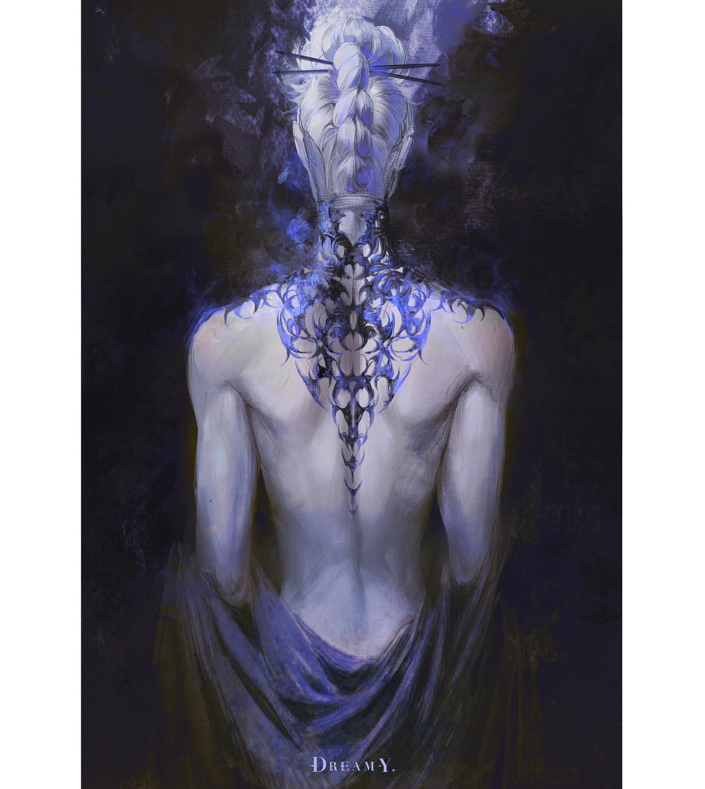 the image is a fantasy portrait of a woman with her back turned to the viewer. she has pale skin and white hair, styled in an elegant updo with chopsticks. a large, intricate black tattoo covers her entire back, resembling delicate lacework. the tattoo glows faintly with a mystical blue light, reflecting off her skin. she is draped in a dark blue cloth that falls around her waist, leaving her upper body bare. the background is a dark and moody blend of blues and blacks, creating an ethereal and slightly mysterious atmosphere. the overall effect is both beautiful and powerful, hinting at a hidden strength and magic within the woman.
