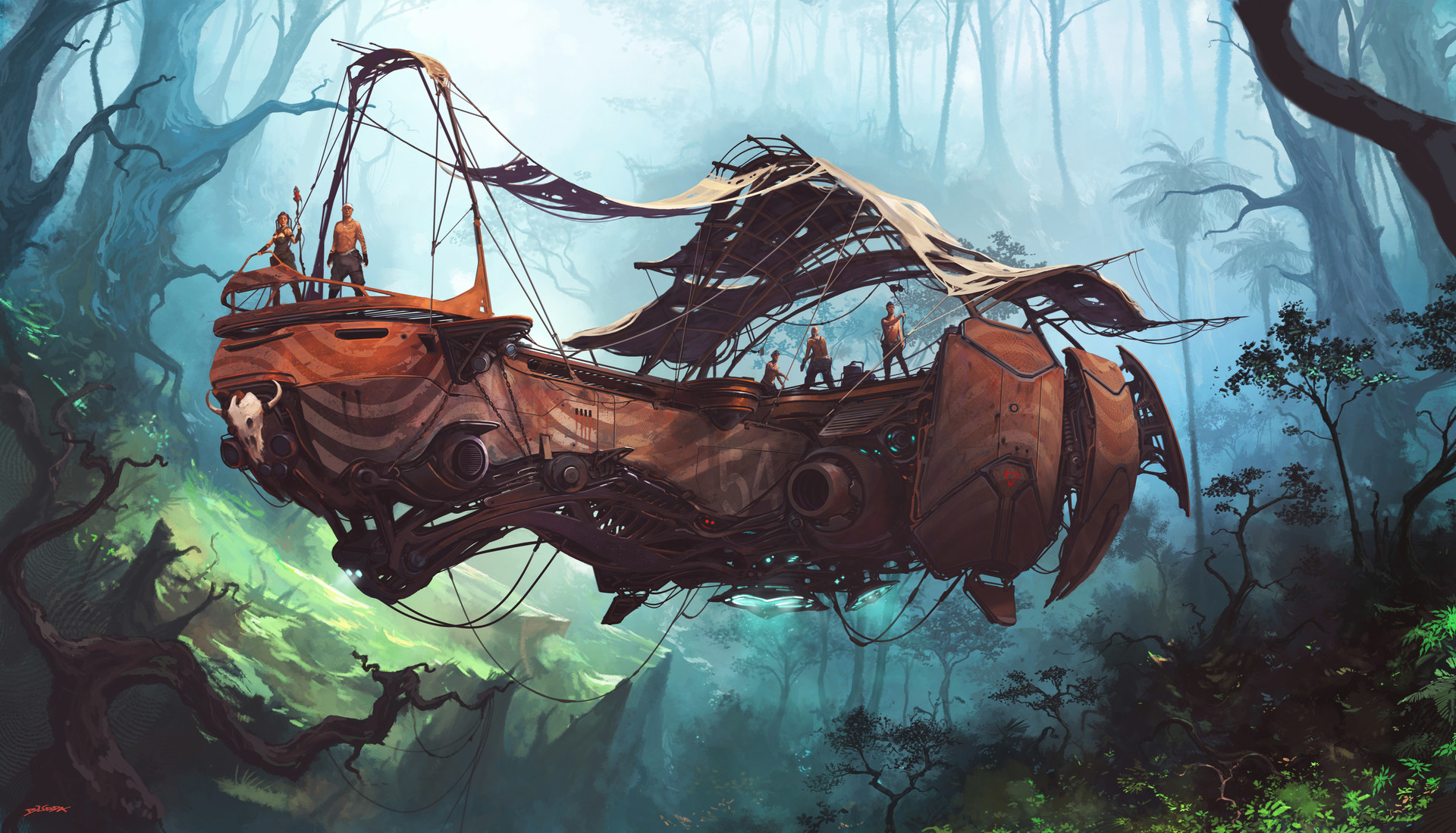a lowflying airship, seemingly cobbled together from salvaged parts, navigates through a dense, primeval jungle. the vessel, adorned with bones and tattered cloth, carries a crew of five explorers who appear to be surveying their lush surroundings.  the scene is bathed in a soft, ethereal light filtering through the thick canopy.