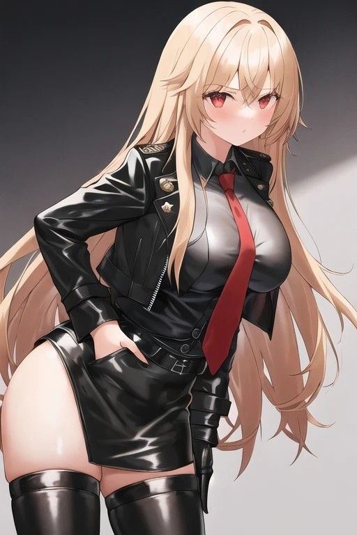 a blonde anime girl with red eyes is wearing a black leather jacket and skirt. she has a red tie on and her hair is down. she is looking at the camera with a slightly annoyed expression.