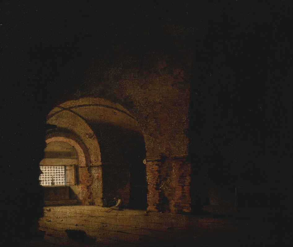 an interior of a prison with barrel vaulted arches, and a barred window to the left. a person is seated on the floor. the space is dimly lit. the walls and columns are a dark red.