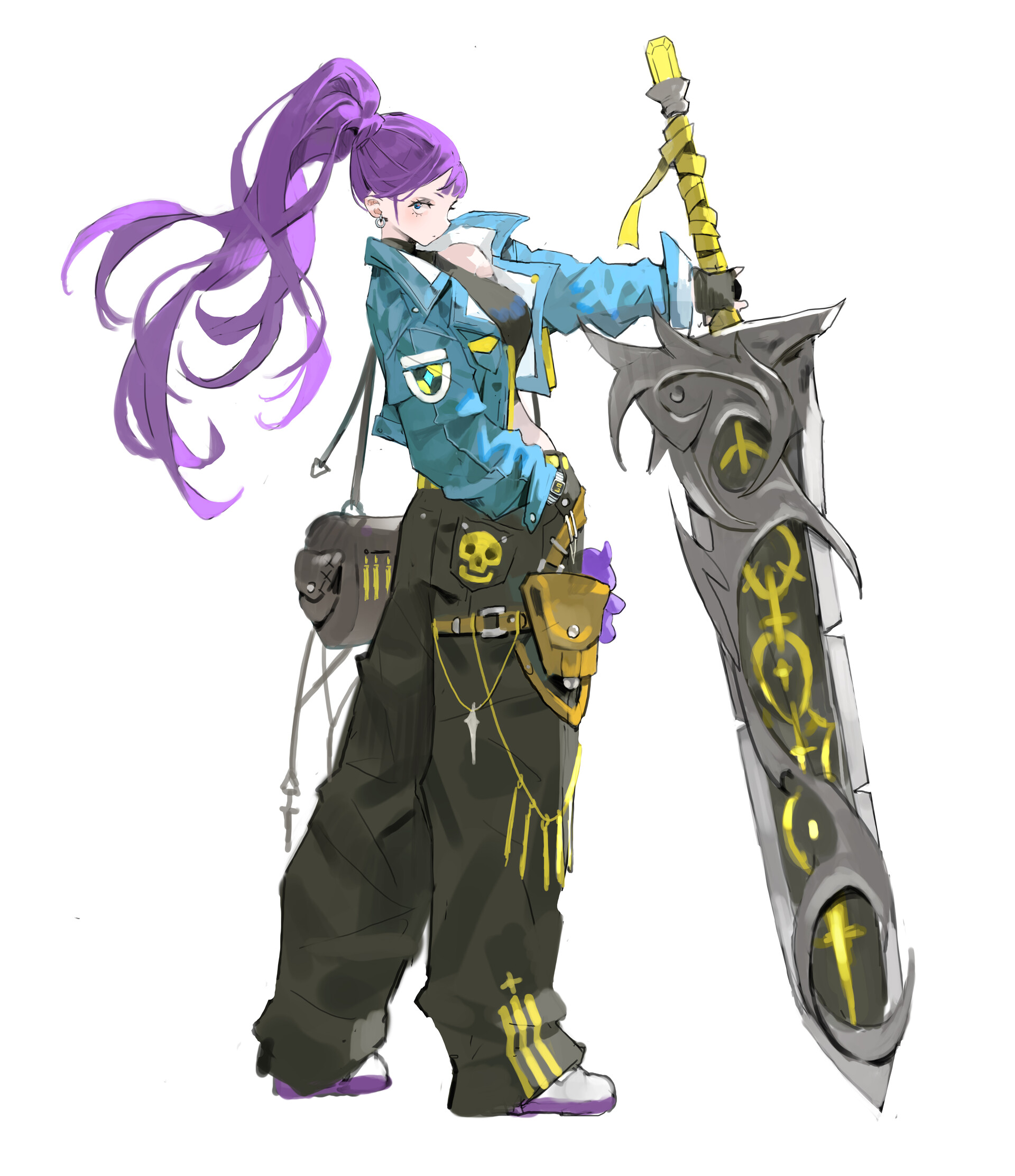 a fullbody illustration of a stylish female character with purple hair tied in a high ponytail. she wears a blue jacket, a dark top, and baggy pants adorned with a skull and various accessories like belts and pouches. she is leaning against a large, ornate sword, and her pose suggests confidence and readiness. the artwork is rendered in an animeinspired style with visible brushstrokes and a sense of dynamic movement.