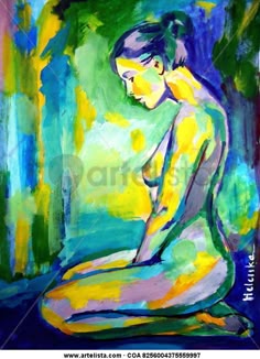 this is an abstract painting of a nude woman. the painting is done in a colorful and expressive style, with a focus on the woman's body and pose. the colors are bright and vibrant, and the brushstrokes are loose and free. the woman's pose is both graceful and suggestive, and her expression is enigmatic. the background is a blur of color, adding to the abstract feel of the painting. the painting is a beautiful and evocative work of art.