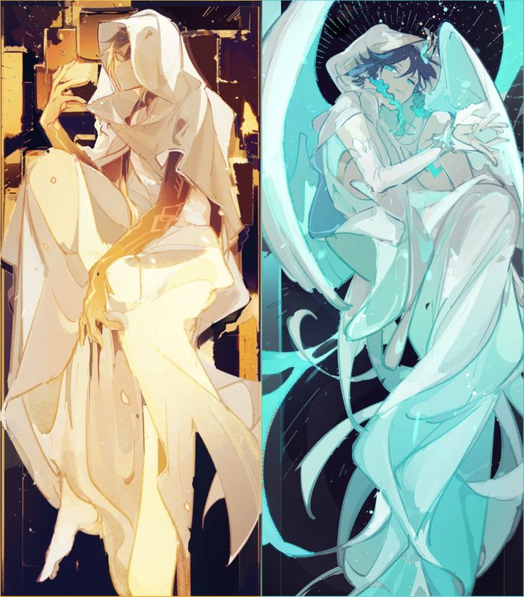 the image depicts two anime male characters, one on the left and one on the right, seemingly identical in appearance except for their color schemes. both characters are dressed in flowing white clothes and have long white hair. however, the character on the left is bathed in warm yellow and gold hues, while the character on the right is enveloped in cool blue and green tones. they both appear to have wings behind them, though the left character's wings are not clearly visible. the backgrounds of each character also differ, the left character's background is a warm and colorful design, while the right character's background is black and white. the characters' overall appearance and contrasting color schemes create a striking visual effect. the image suggests a duality, with the warm colors representing light and the cool colors representing darkness, or perhaps two aspects of the same being. the image is stylized and artistic, with a focus on the characters' design and color scheme, suggesting a fantasy or supernatural theme.