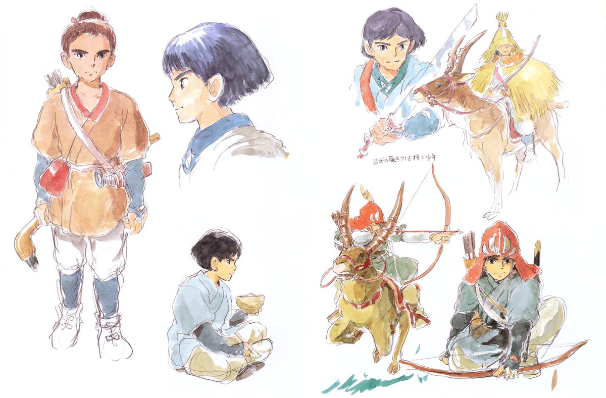 a collection of watercolor sketches featuring young male characters in traditional attire. they are depicted as archers and warriors, with some riding on fantastical deerlike creatures. the sketches show different poses and actions, capturing the energy and movement of the characters.