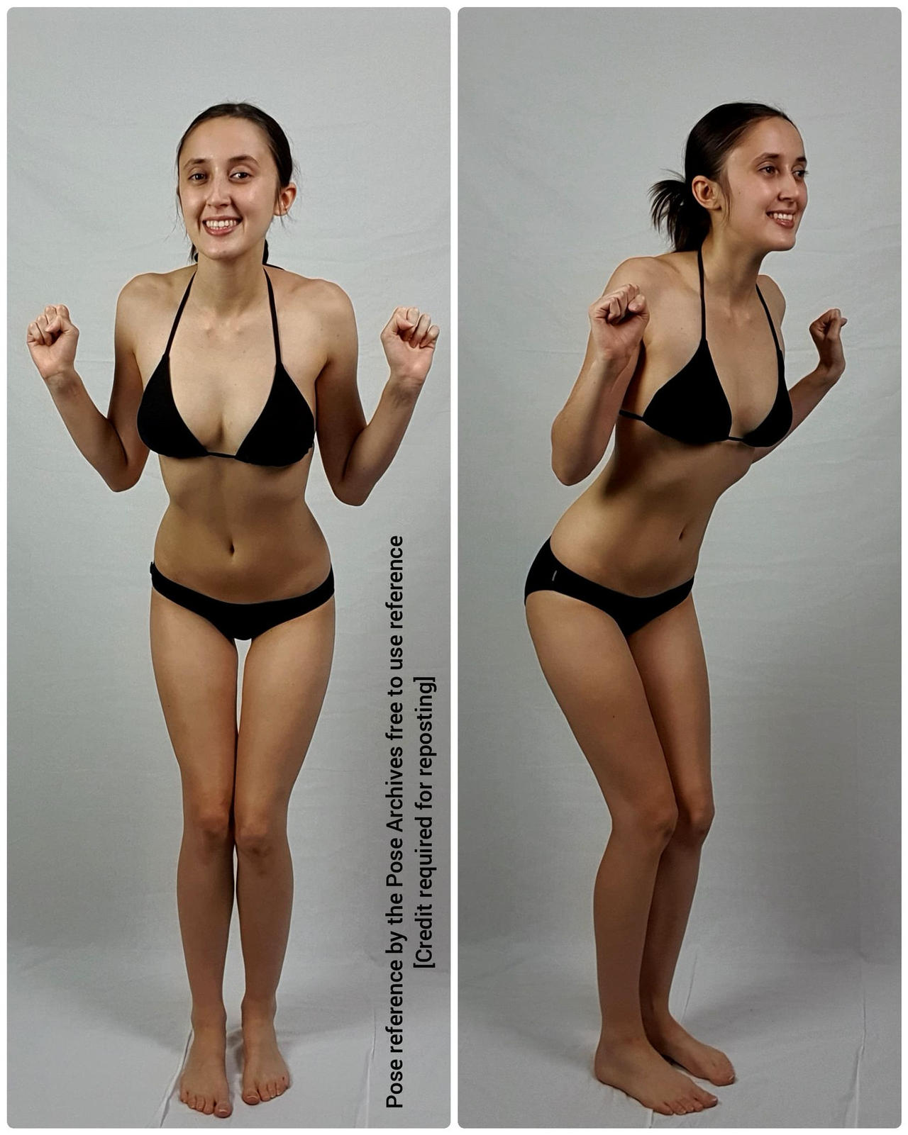 the image shows a young woman in a black bikini, posing against a white background. she is standing with her feet slightly apart and her arms raised, her hands are in fists. she has a happy and excited expression on her face. the image is a pose reference for artists.