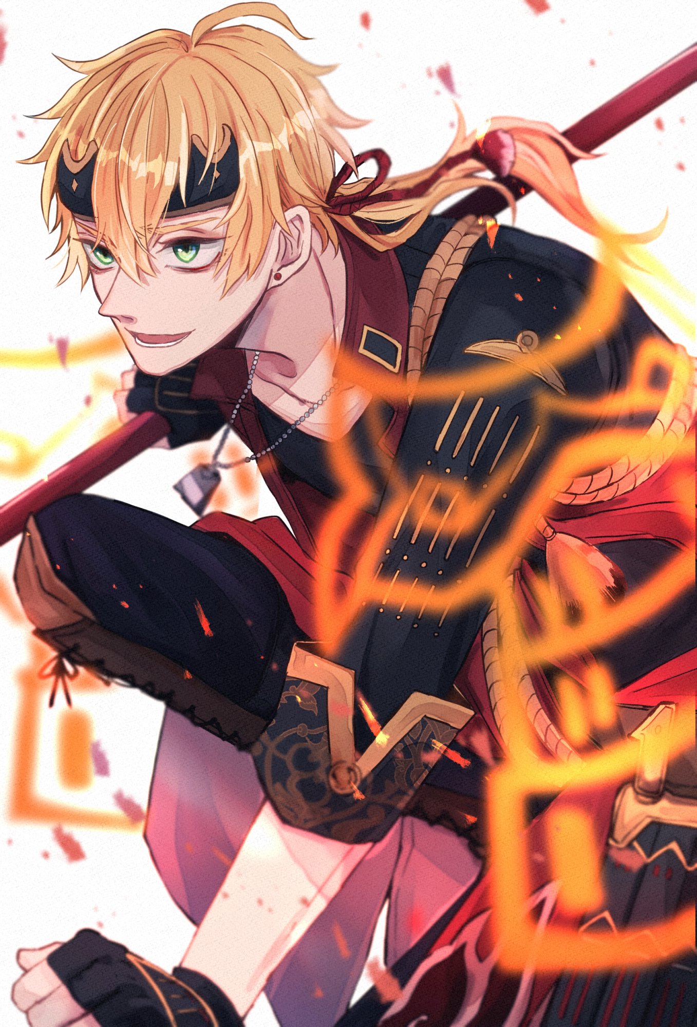 a digital illustration of a young anime male with blond hair, wearing red and black clothing, wielding a sword and with an intense expression on his face. he is in a fighting pose, with his sword raised in the air, and the image is set against a background of orange flames.