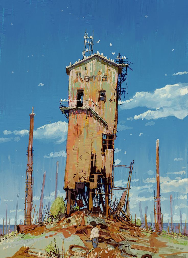 the image showcases a dilapidated seaside structure, reminiscent of a former lighthouse or watchtower. its weathered facade, rusty hues, and precarious perch atop a mound of debris speak volumes about time's passage and nature's reclaiming embrace. a solitary figure, dwarfed by the structure's imposing presence, stands amidst the ruin, perhaps contemplating the scene's poignant beauty or seeking solace in its desolate tranquility.  the vast expanse of the ocean, a silent witness to the passage of time, stretches towards the horizon, amplifying the atmosphere of isolation.