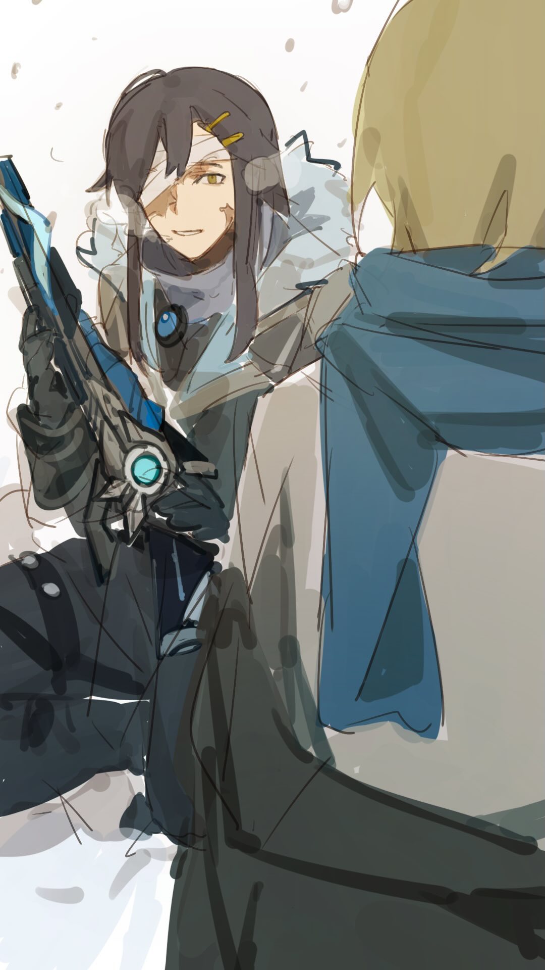 he image is an animestyle drawing of two girls in winter clothing. one girl is holding a futuristiclooking weapon.  the style is loose and sketchy, with a focus on atmosphere rather than sharp detail. the background is a pale, snowy or wintery scene. the overall tone is calm and somewhat melancholic.