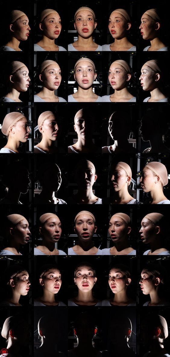this image shows a grid of 7 rows and 8 columns with different faces of women. each row is a different woman, each column is a different facial expression. each woman is wearing a light colored tshirt in the first three rows, and then in the fourth row they are only shadows of a woman in a tshirt.  the last four rows are a combination of different colored clothing with different facial expressions. the images have been taken in a studio, and are lit from the front and the side, so there is a lot of contrast. the images are closeup, so we see a lot of detail on the faces. each expression is neutral,  happy, surprised, neutral,  sad, angry, confused.