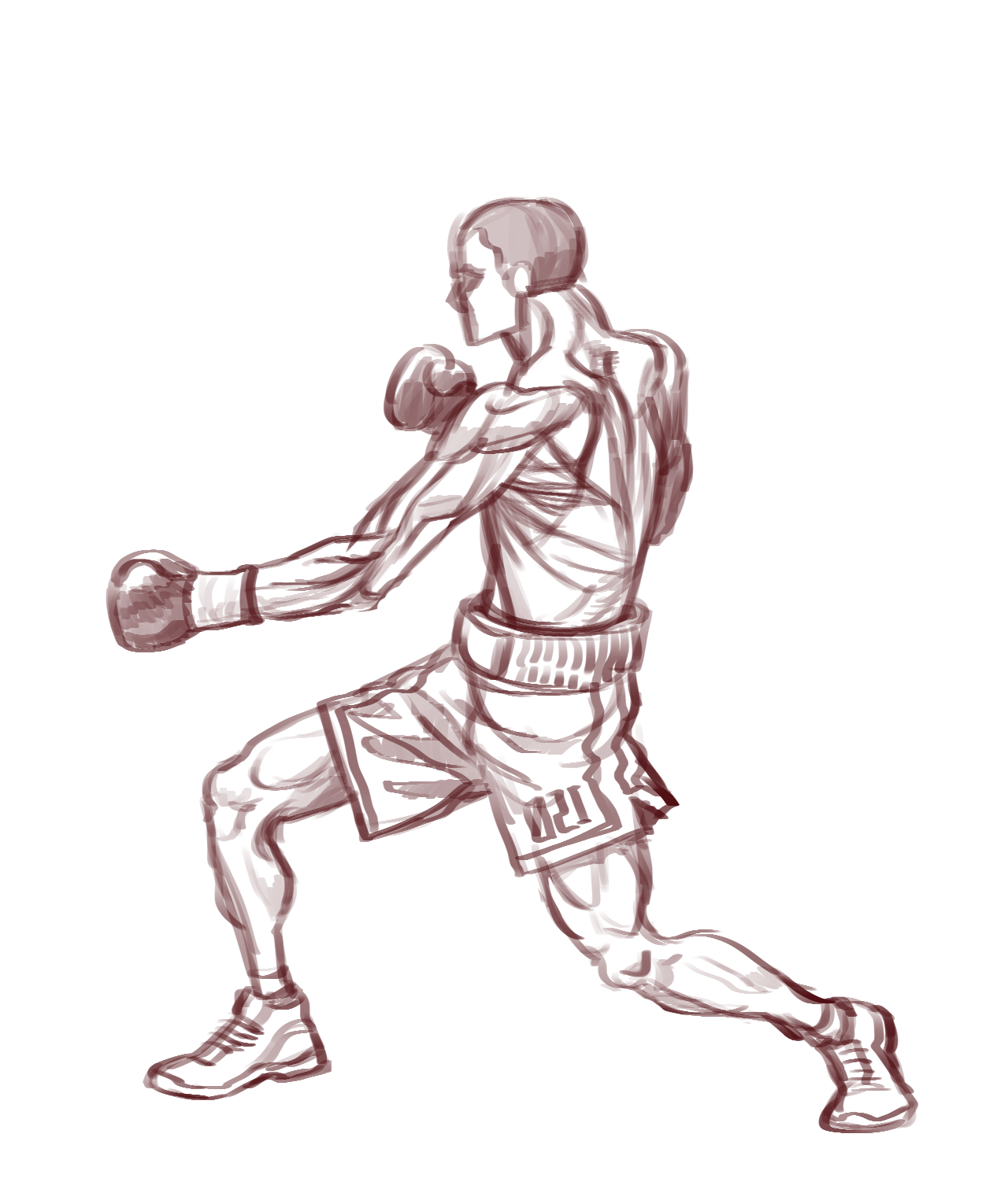 a sketch drawing of a boxer in midpunch, showcasing his athletic and powerful physique. the boxer's pose suggests he's ready to strike his opponent with force, highlighting the intense energy and focus of this highimpact sport. the detail on the boxer's muscles and the positioning of his body show the strength and power of a professional boxer, and the emotion of the boxer suggests the intensity of this combat sport.