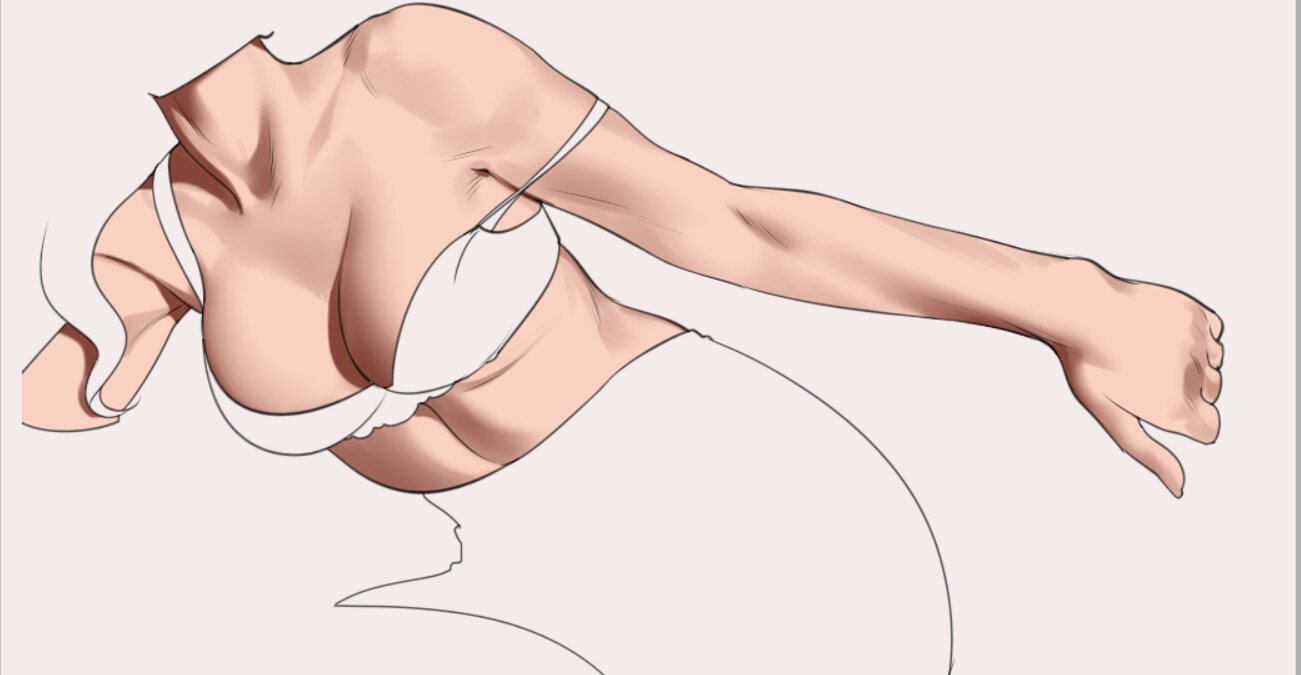 the image is a digital drawing of a woman's upper body from the chest to her hand, stoping midthigh. it appears to be a work in progress as indicated by the incomplete line art. the figure is depicted in a white bra with the rest of the body unfinished.  the style of the drawing leans towards realism, with attention to anatomical detail. the lighting is soft, creating subtle shadows and highlights that define the curves of the body.