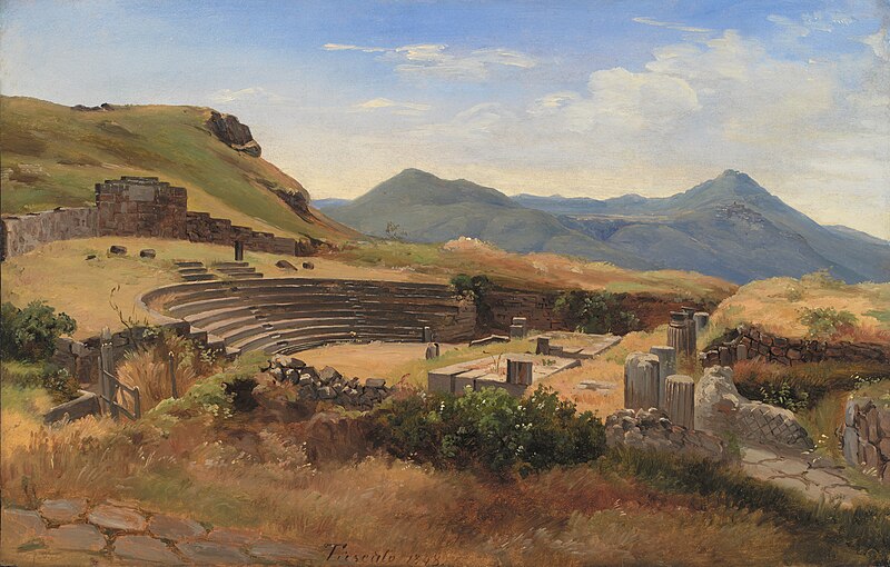 the image is a painting depicting a landscape with ancient ruins. an amphitheater is a prominent feature, with stone seating arranged in a semicircular pattern. the ruins include stone structures, walls, columns, and steps. the landscape is hilly, with mountains in the background. the sky is partially cloudy. vegetation, including grass and foliage, is present throughout the scene. the overall impression is that of a historical site, possibly roman or greek, in a natural setting.